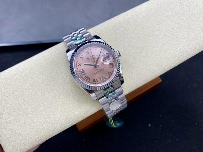 ROLEX DATEJUST 36 STEEL AND WHITE GOLD PINK DIAMOND PAVE ROMAN DIAL WATCH