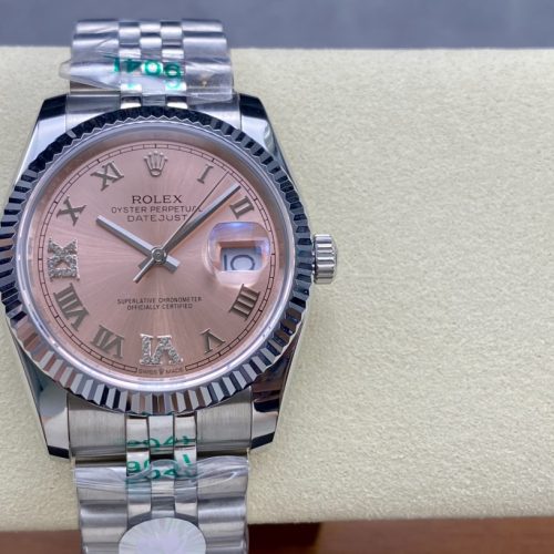 ROLEX DATEJUST 36 STEEL AND WHITE GOLD PINK DIAMOND PAVE ROMAN DIAL WATCH