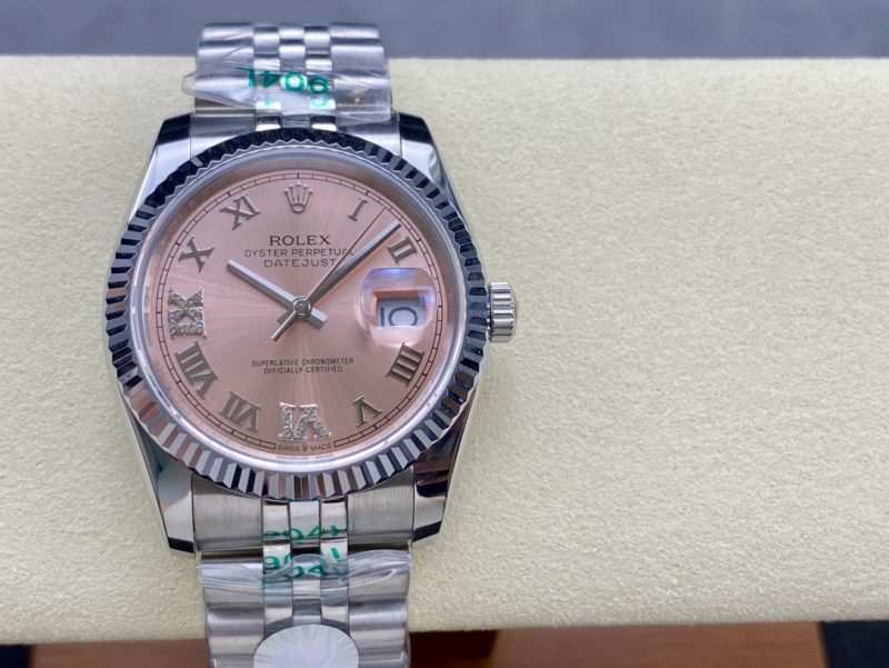 ROLEX DATEJUST 36 STEEL AND WHITE GOLD PINK DIAMOND PAVE ROMAN DIAL WATCH
