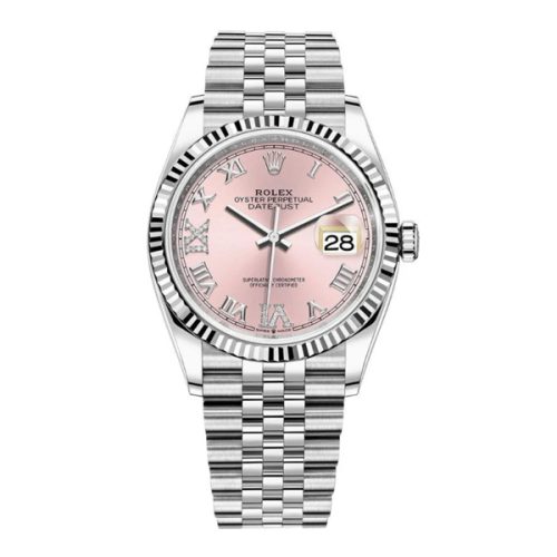 ROLEX DATEJUST 36 STEEL AND WHITE GOLD PINK DIAMOND PAVE ROMAN DIAL WATCH