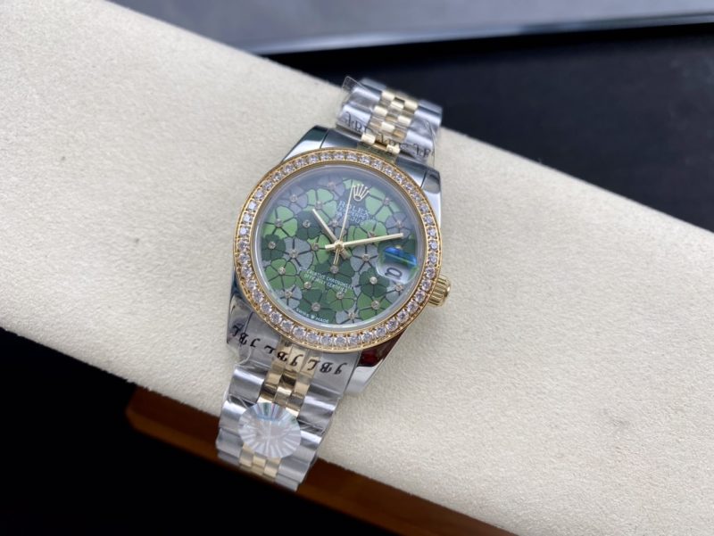 ROLEX DATEJUST STEEL AND YELLOW GOLD DIAMOND OLIVE GREEN DIAL WATCH