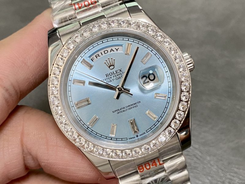ROLEX DAY-DATE 40MM PLATINUM ICE BLUE BAGUETTE WATCH