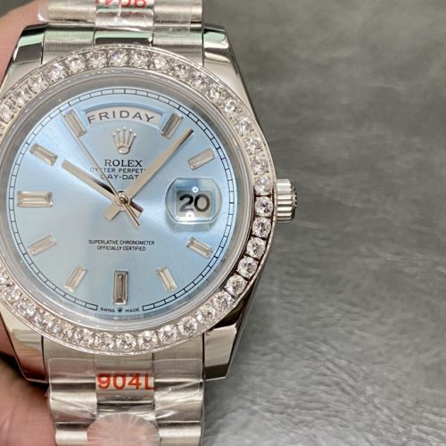 ROLEX DAY-DATE 40MM PLATINUM ICE BLUE BAGUETTE WATCH