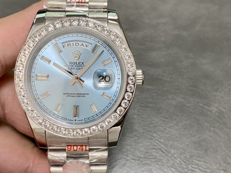 ROLEX DAY-DATE 40MM PLATINUM ICE BLUE BAGUETTE WATCH