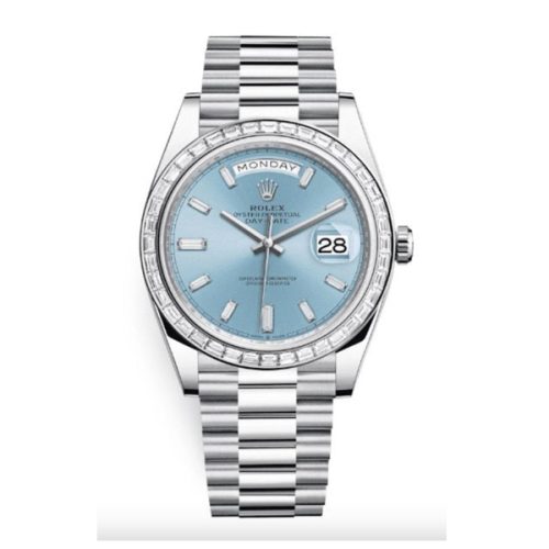 ROLEX DAY-DATE 40MM PLATINUM ICE BLUE BAGUETTE WATCH