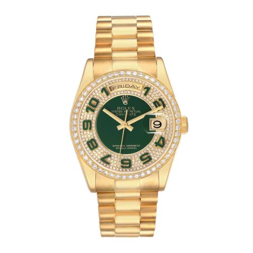 ROLEX PRESIDENT DAY YELLOW GOLD GREEN ENAMEL DIAMOND WATCH