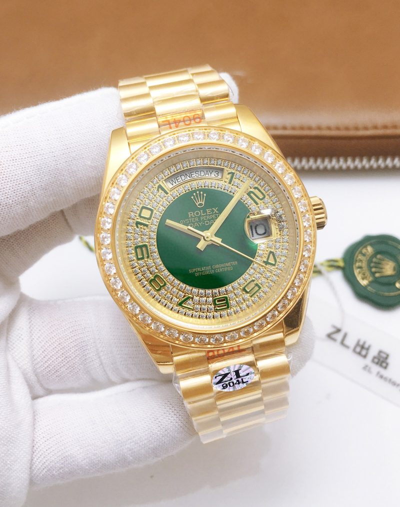 ROLEX PRESIDENT DAY YELLOW GOLD GREEN ENAMEL DIAMOND WATCH