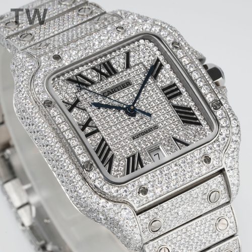 Cartier Santos De Cartier Full Diamonds Watch With White Dial