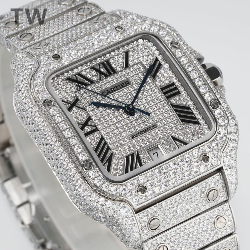 Cartier Santos De Cartier Full Diamonds Watch With White Dial