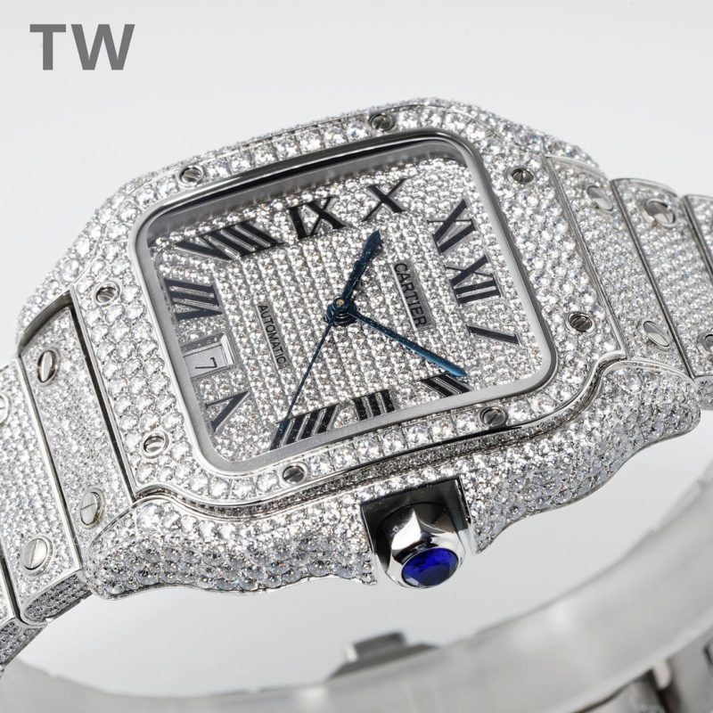 Cartier Santos De Cartier Full Diamonds Watch With White Dial