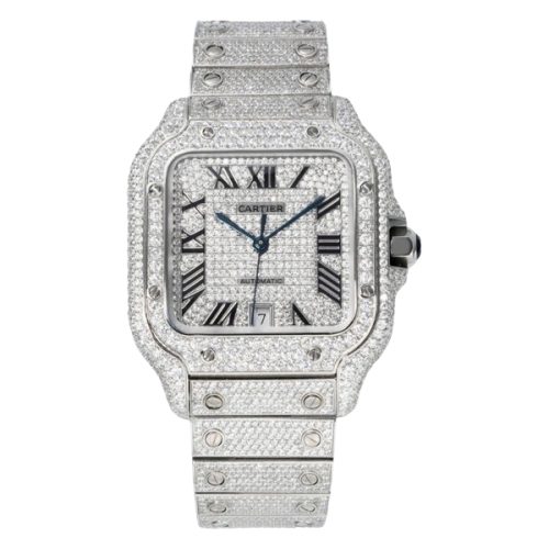 Cartier Santos De Cartier Full Diamonds Watch With White Dial