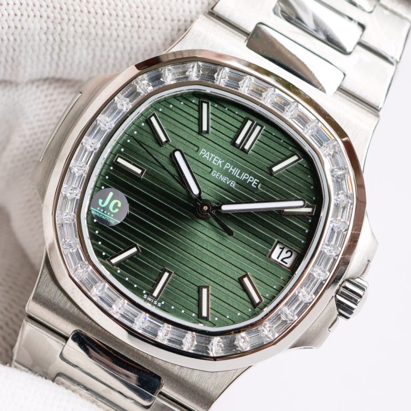 Patek Philippe Nautilus Olive Green Dial Diamond Stainless Steel Watch