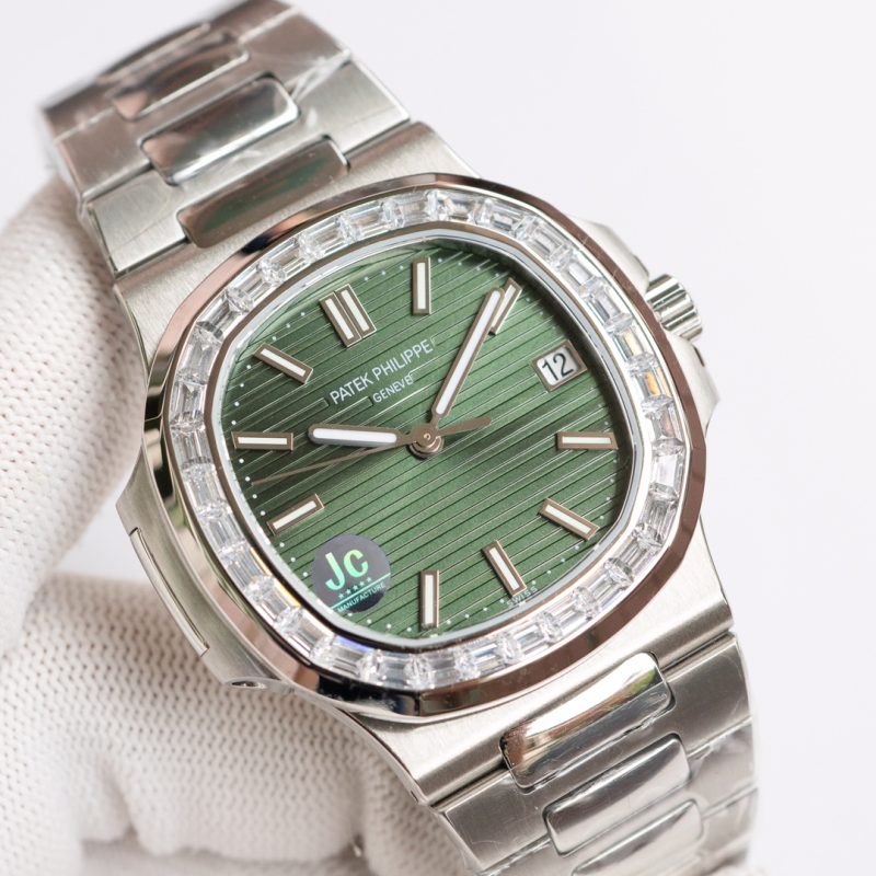 Patek Philippe Nautilus Olive Green Dial Diamond Stainless Steel Watch
