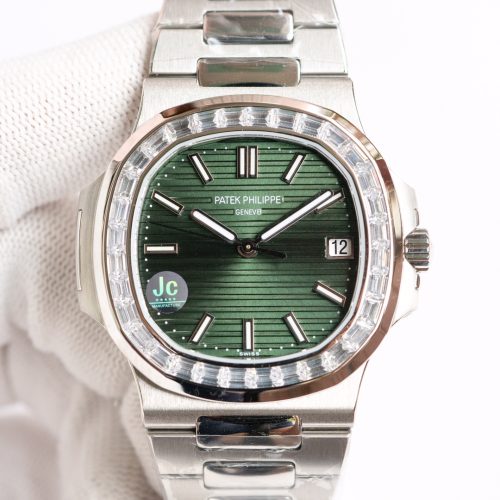 Patek Philippe Nautilus Olive Green Dial Diamond Stainless Steel Watch