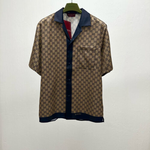 GUCCI PRINTED SILK SHIRT IN BEIGE AND BLUE - GS042